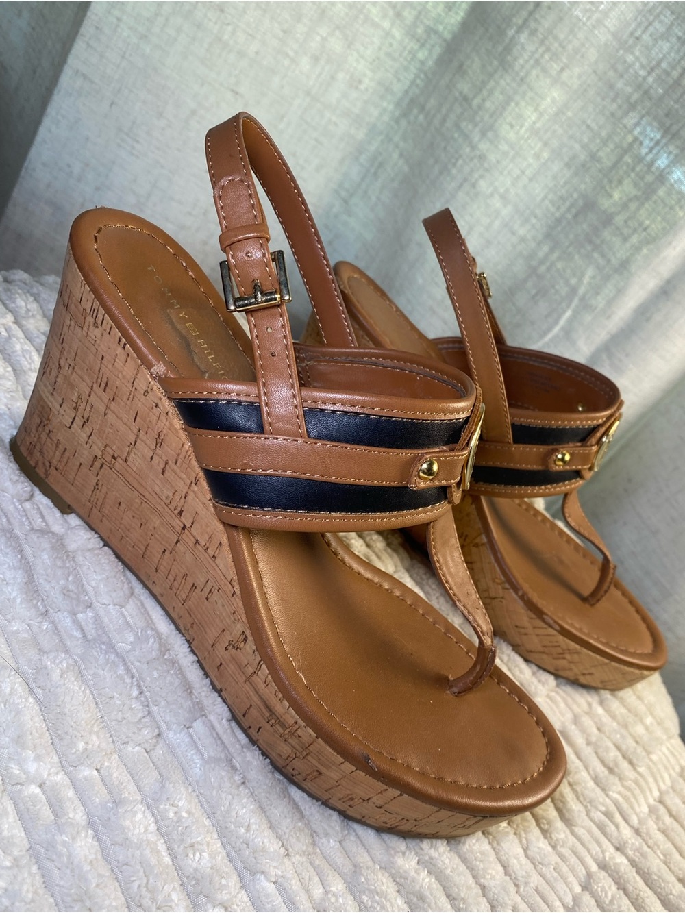 Tommy Hilfiger Black Tan Faux Leather & Cork Wedge Slingback Manne Thong Sandals - Picture 6 of 12